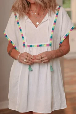 Fashion Dear-Lover Colorful Fringed Detail Tassel Tie Neck Short Sleeve Blouse White
