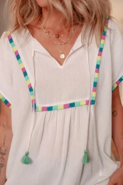 Fashion Dear-Lover Colorful Fringed Detail Tassel Tie Neck Short Sleeve Blouse White