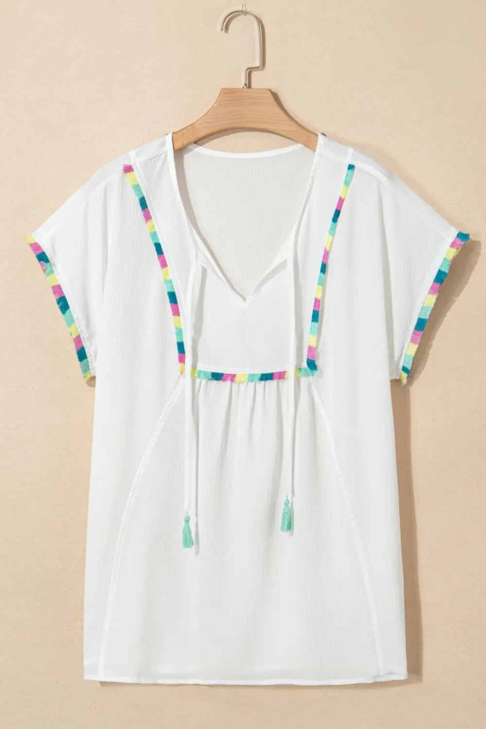 Fashion Dear-Lover Colorful Fringed Detail Tassel Tie Neck Short Sleeve Blouse White