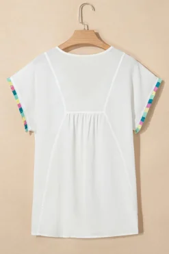 Fashion Dear-Lover Colorful Fringed Detail Tassel Tie Neck Short Sleeve Blouse White
