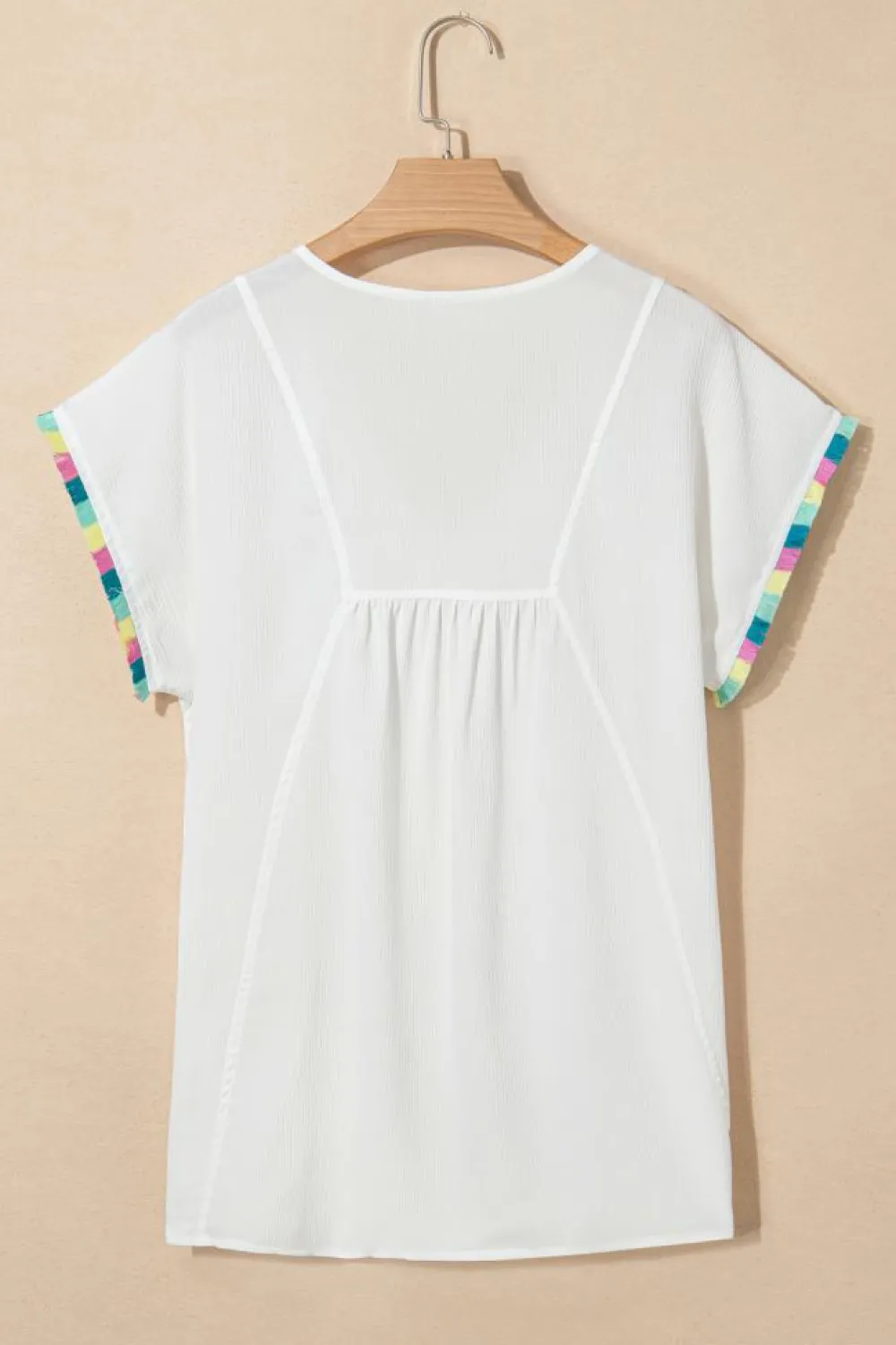 Fashion Dear-Lover Colorful Fringed Detail Tassel Tie Neck Short Sleeve Blouse White