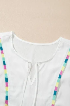 Fashion Dear-Lover Colorful Fringed Detail Tassel Tie Neck Short Sleeve Blouse White