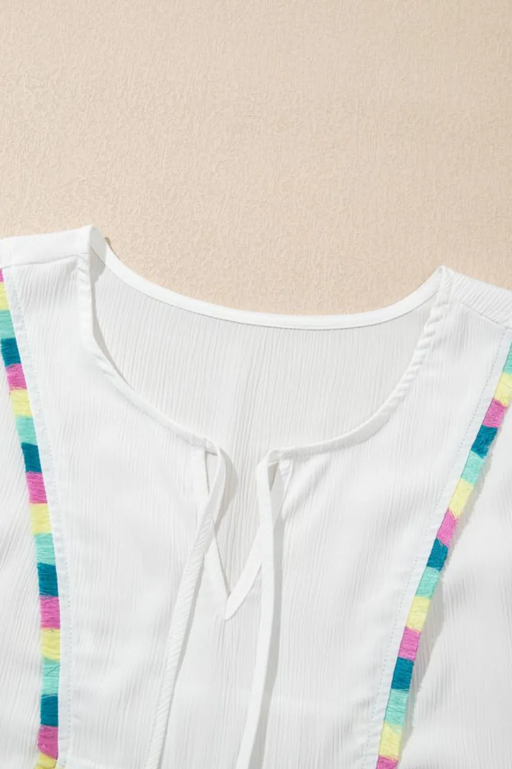 Fashion Dear-Lover Colorful Fringed Detail Tassel Tie Neck Short Sleeve Blouse White