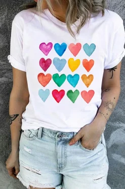 Fashion Dear-Lover Colorful Heart Shaped Print Crew Neck T Shirt White