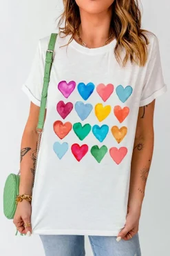 Fashion Dear-Lover Colorful Heart Shaped Print Crew Neck T Shirt White