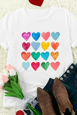 Fashion Dear-Lover Colorful Heart Shaped Print Crew Neck T Shirt White