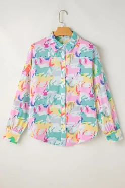 Outlet Dear-Lover Colorful Horse Printed Long Sleeve Button Up Casual Shirt White