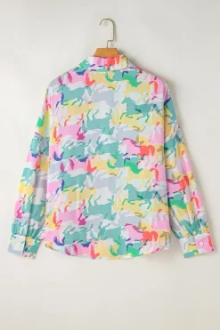 Outlet Dear-Lover Colorful Horse Printed Long Sleeve Button Up Casual Shirt White