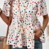 Best Dear-Lover Colorful Polka Dot Short Sleeve Tiered Ruffled Babydoll Blouse White