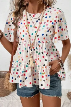 Best Dear-Lover Colorful Polka Dot Short Sleeve Tiered Ruffled Babydoll Blouse White