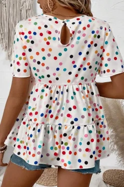 Best Dear-Lover Colorful Polka Dot Short Sleeve Tiered Ruffled Babydoll Blouse White
