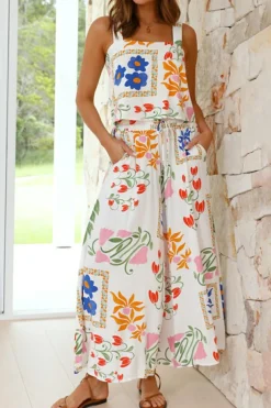 New Dear-Lover Colorful Printed Square Neck Tank and Wide Leg Pants Set White