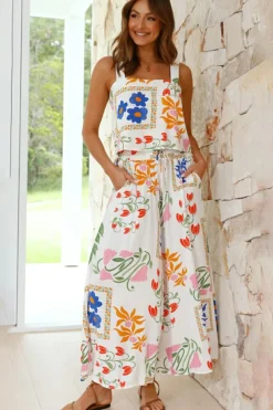 New Dear-Lover Colorful Printed Square Neck Tank and Wide Leg Pants Set White