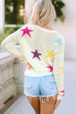 Clearance Dear-Lover Colorful Star Pattern Loose Sweater White