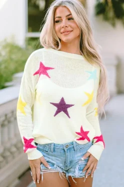 Clearance Dear-Lover Colorful Star Pattern Loose Sweater White