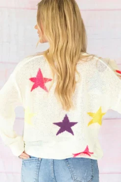 Clearance Dear-Lover Colorful Star Pattern Loose Sweater White