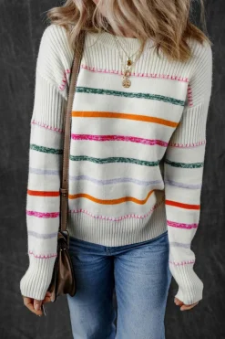 Discount Dear-Lover Colorful Striped Ribbed Trim Sweater White