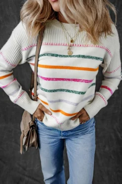 Discount Dear-Lover Colorful Striped Ribbed Trim Sweater White