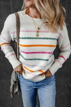 Discount Dear-Lover Colorful Striped Ribbed Trim Sweater White