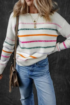 Discount Dear-Lover Colorful Striped Ribbed Trim Sweater White
