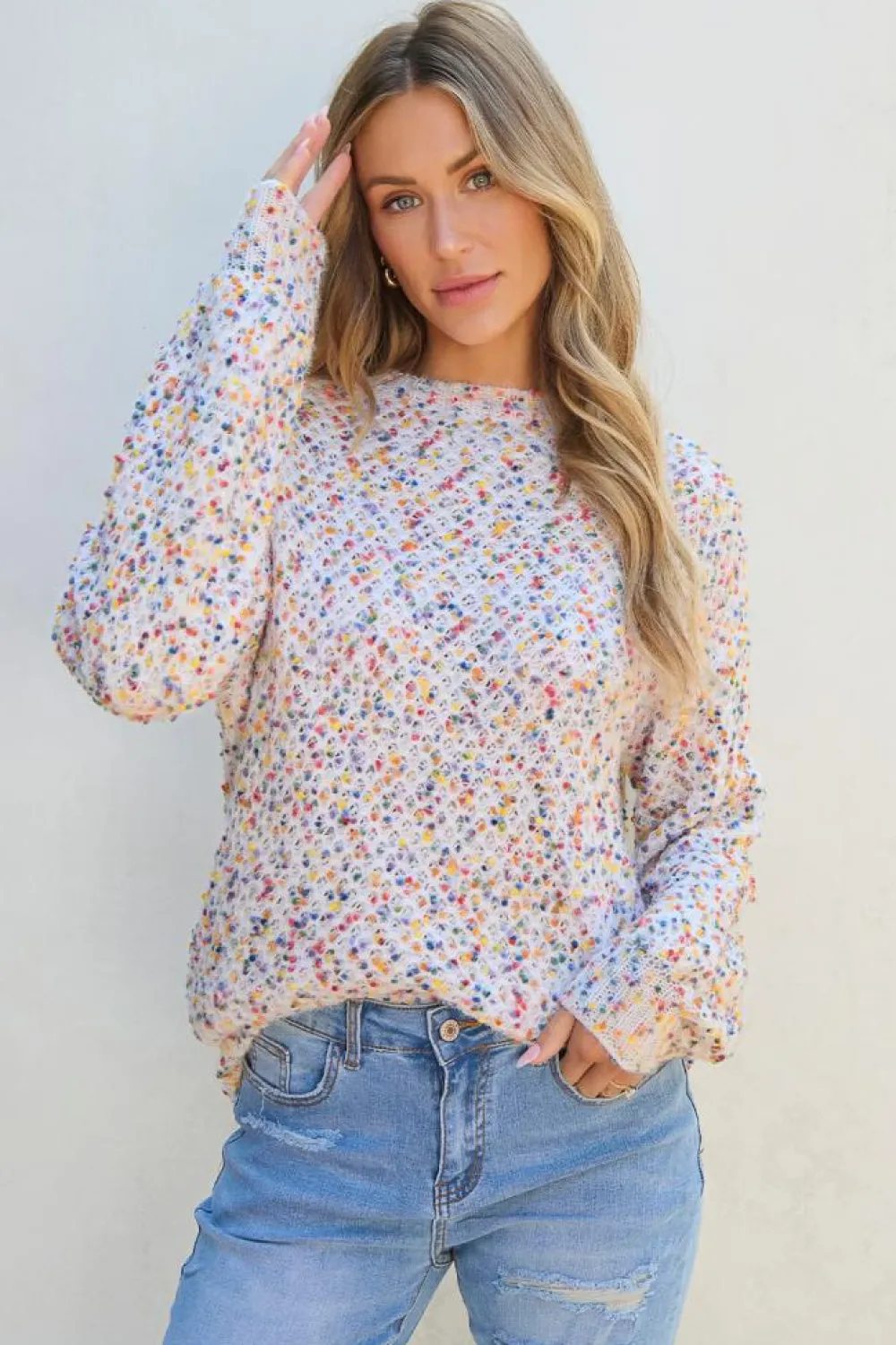 Hot Dear-Lover Confetti Knit Popcorn Sweater Top White