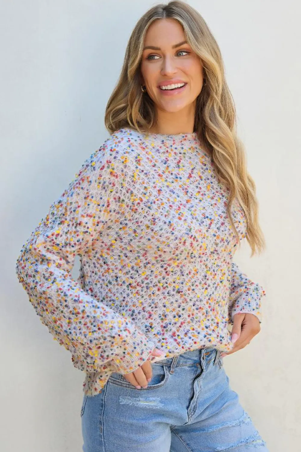 Hot Dear-Lover Confetti Knit Popcorn Sweater Top White