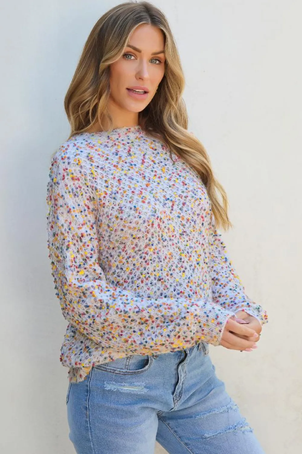 Hot Dear-Lover Confetti Knit Popcorn Sweater Top White