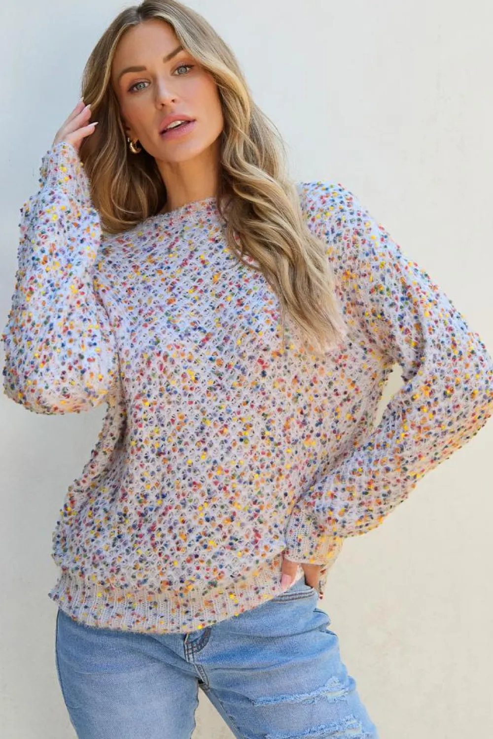 Hot Dear-Lover Confetti Knit Popcorn Sweater Top White