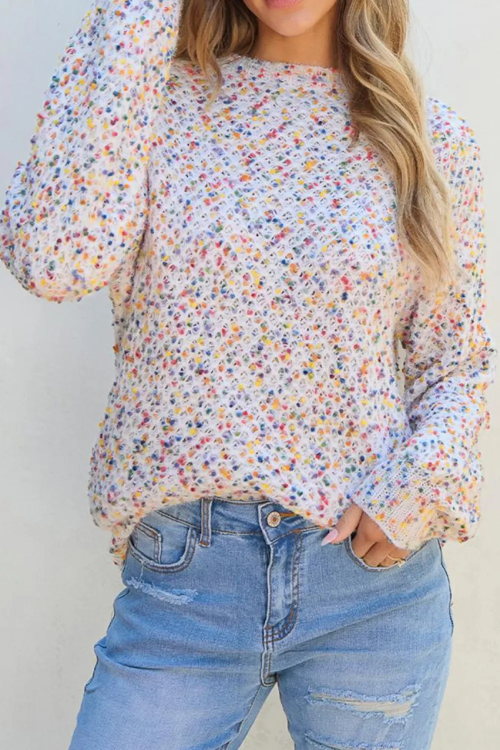 Hot Dear-Lover Confetti Knit Popcorn Sweater Top White