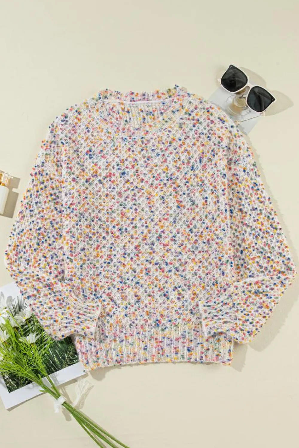 Hot Dear-Lover Confetti Knit Popcorn Sweater Top White