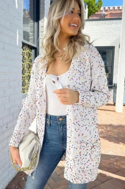 Hot Dear-Lover Confetti Rib Knit Long Sleeve Cardigan White