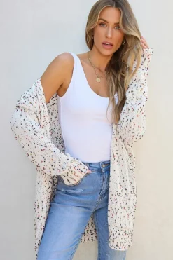 Hot Dear-Lover Confetti Rib Knit Long Sleeve Cardigan White