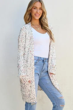 Hot Dear-Lover Confetti Rib Knit Long Sleeve Cardigan White