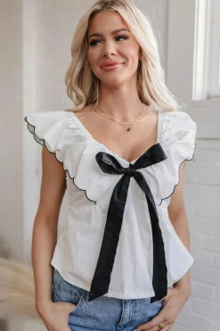 Outlet Dear-Lover Contrast Bow Ruffle Trim V Neck Blouse White