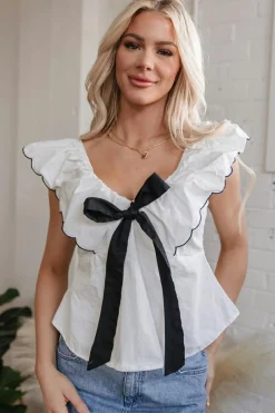 Outlet Dear-Lover Contrast Bow Ruffle Trim V Neck Blouse White