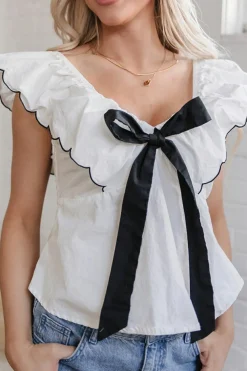 Outlet Dear-Lover Contrast Bow Ruffle Trim V Neck Blouse White