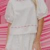 New Dear-Lover Contrast Bow Trim Pearl Puff Sleeve Blouse and Skort 2pcs Set White