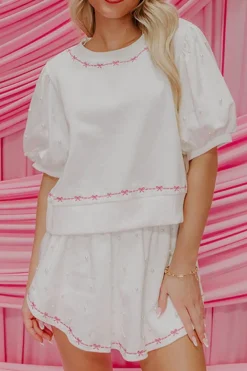 New Dear-Lover Contrast Bow Trim Pearl Puff Sleeve Blouse and Skort 2pcs Set White