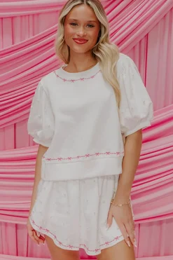 New Dear-Lover Contrast Bow Trim Pearl Puff Sleeve Blouse and Skort 2pcs Set White