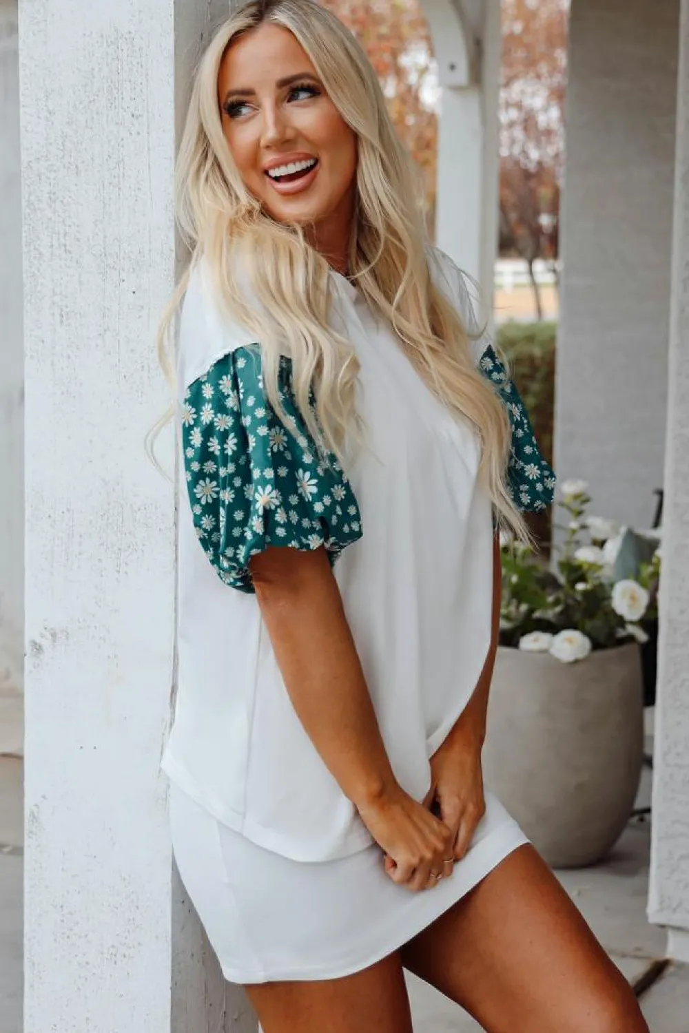 Outlet Dear-Lover Contrast Floral Puff Sleeve Oversized Top White