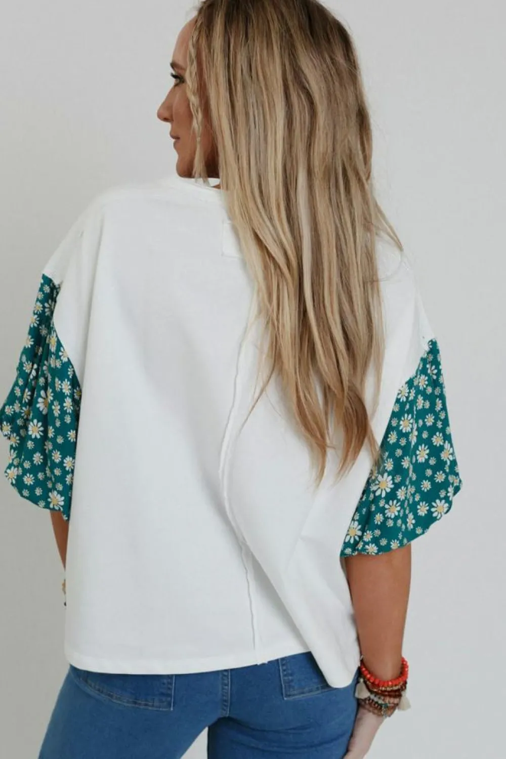Outlet Dear-Lover Contrast Floral Puff Sleeve Oversized Top White
