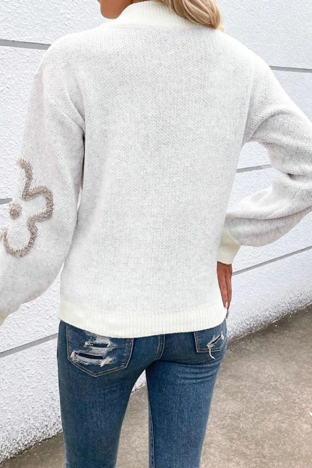 New Dear-Lover Contrast Flower Half Zipper Stand Neck Sweater White
