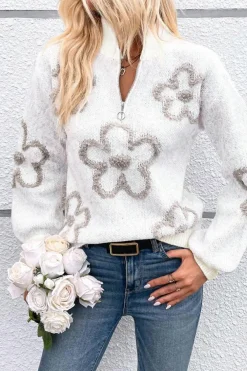 New Dear-Lover Contrast Flower Half Zipper Stand Neck Sweater White