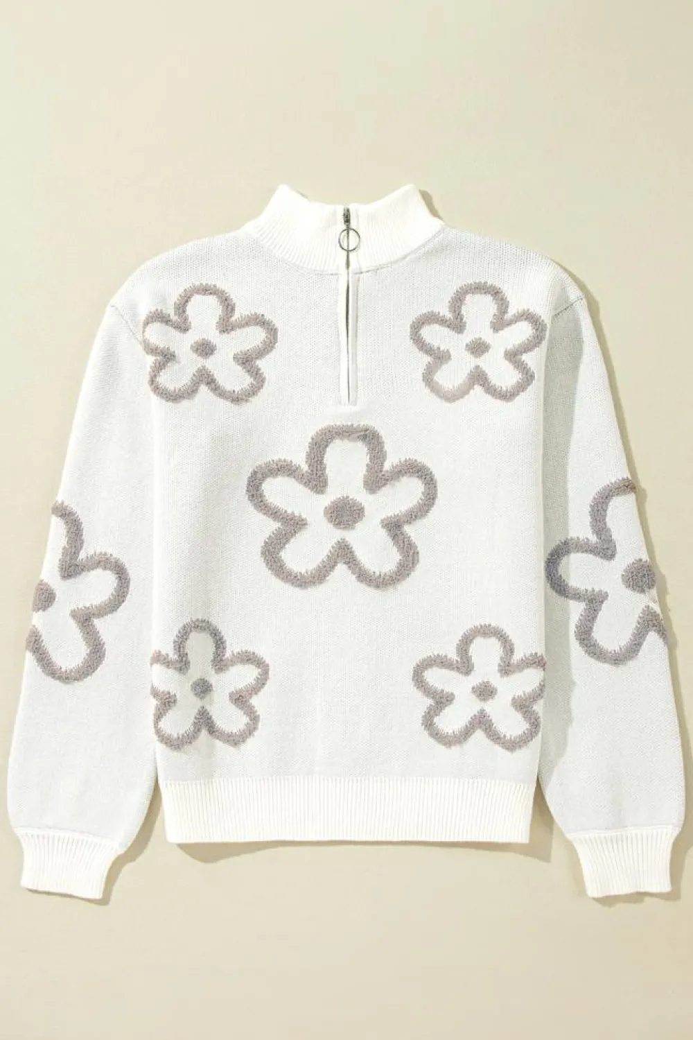 New Dear-Lover Contrast Flower Half Zipper Stand Neck Sweater White