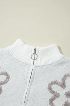 New Dear-Lover Contrast Flower Half Zipper Stand Neck Sweater White