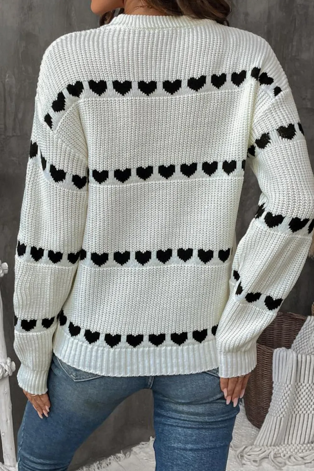 Outlet Dear-Lover Contrast Heart Pattern Crew Neck Sweater White