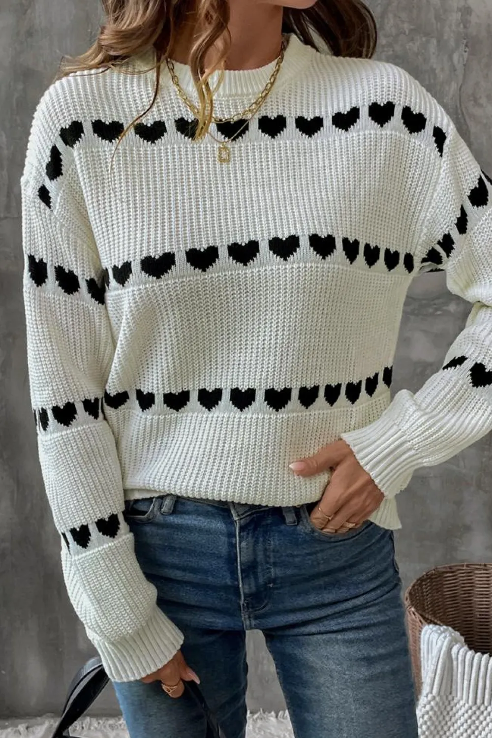 Outlet Dear-Lover Contrast Heart Pattern Crew Neck Sweater White