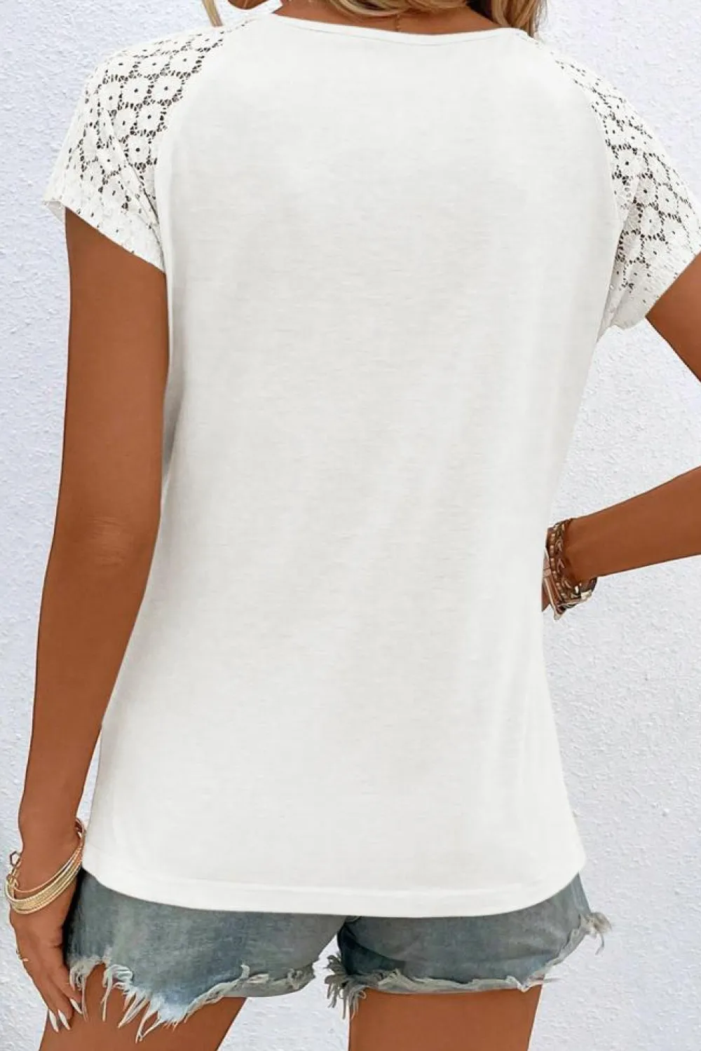 Best Dear-Lover Contrast Lace Sleeve Keyhole Decor Top White