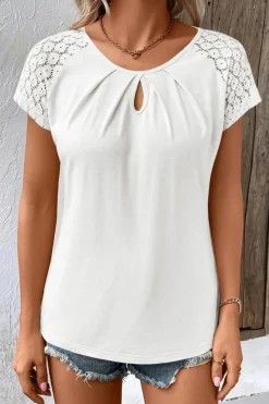 Best Dear-Lover Contrast Lace Sleeve Keyhole Decor Top White