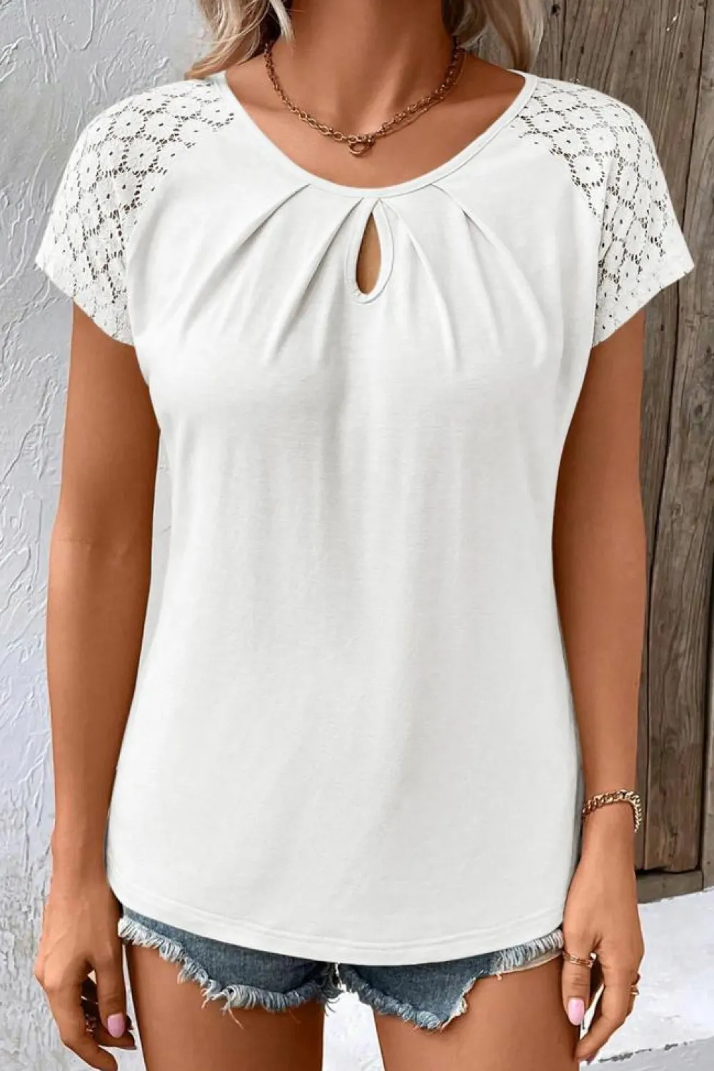 Best Dear-Lover Contrast Lace Sleeve Keyhole Decor Top White